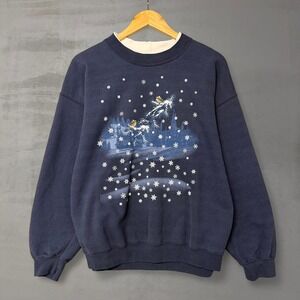 Vintage Nature Grandma Sweatshirt Navy Blue Winter Bird Snowflake Graphic XL